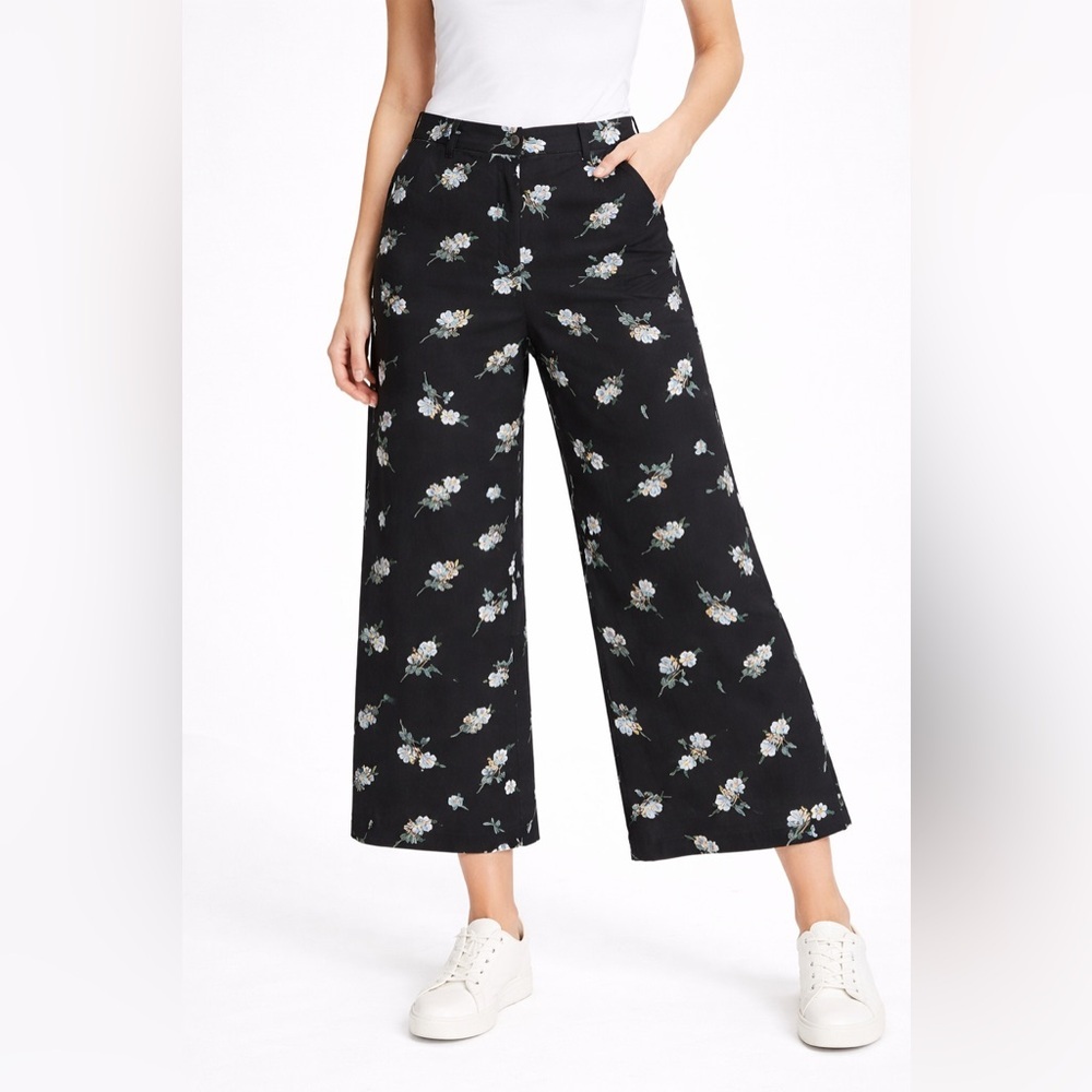 Elaine Rose Black Floral Wide Leg Cropped Pants Size 8